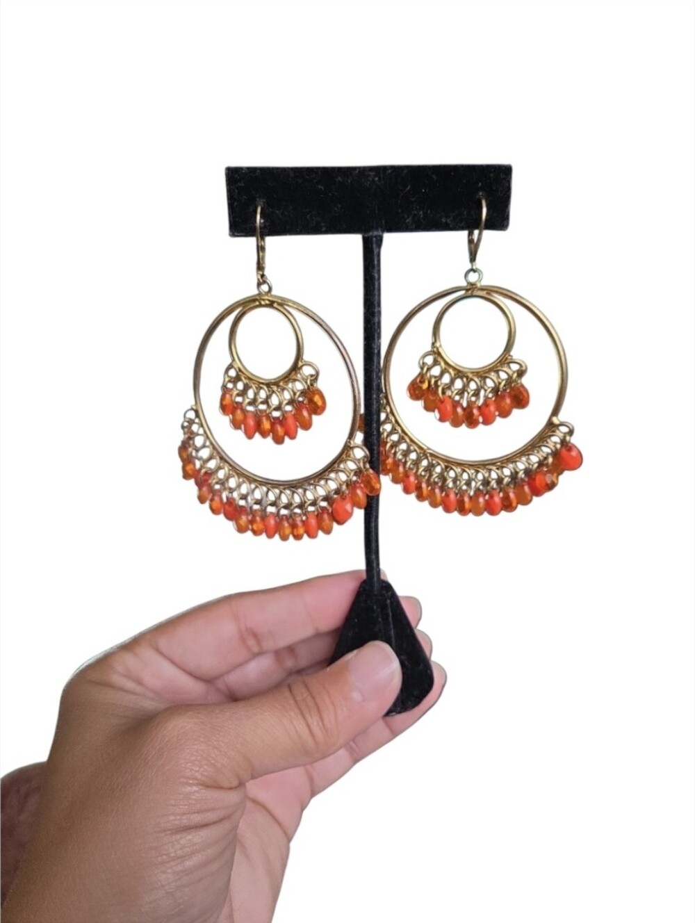 Vintage Gold-Tone Orange Beaded Double Hoop Earrings 3"